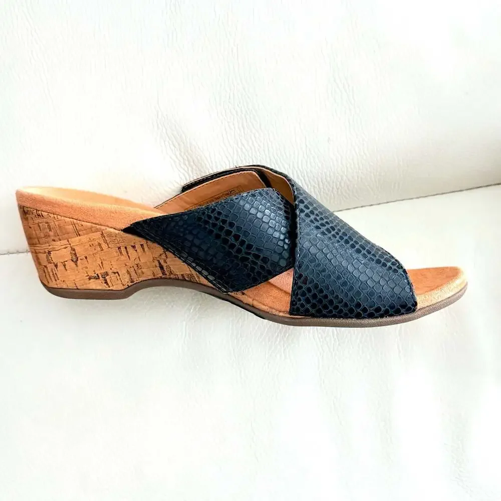 Vionic Leticia Black Lizard Embossed Cork Wedge Sandals